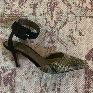 Loft Snake Print Ankle Strap Heels